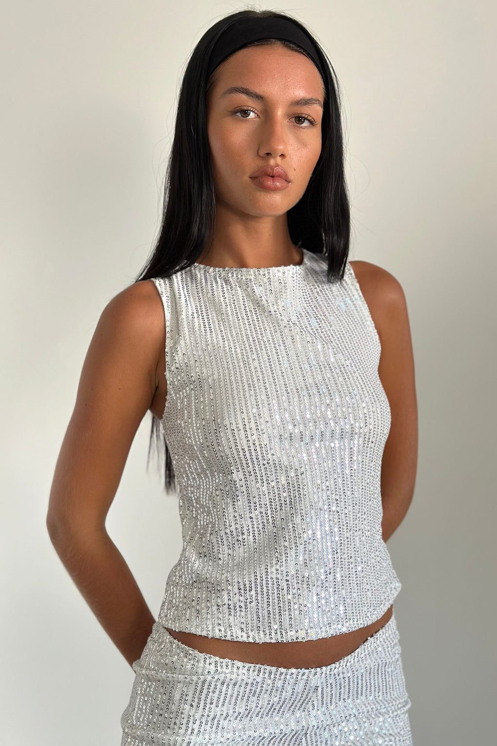 Hala Vest Top Silver Chrome Sequin by Selfie Leslie