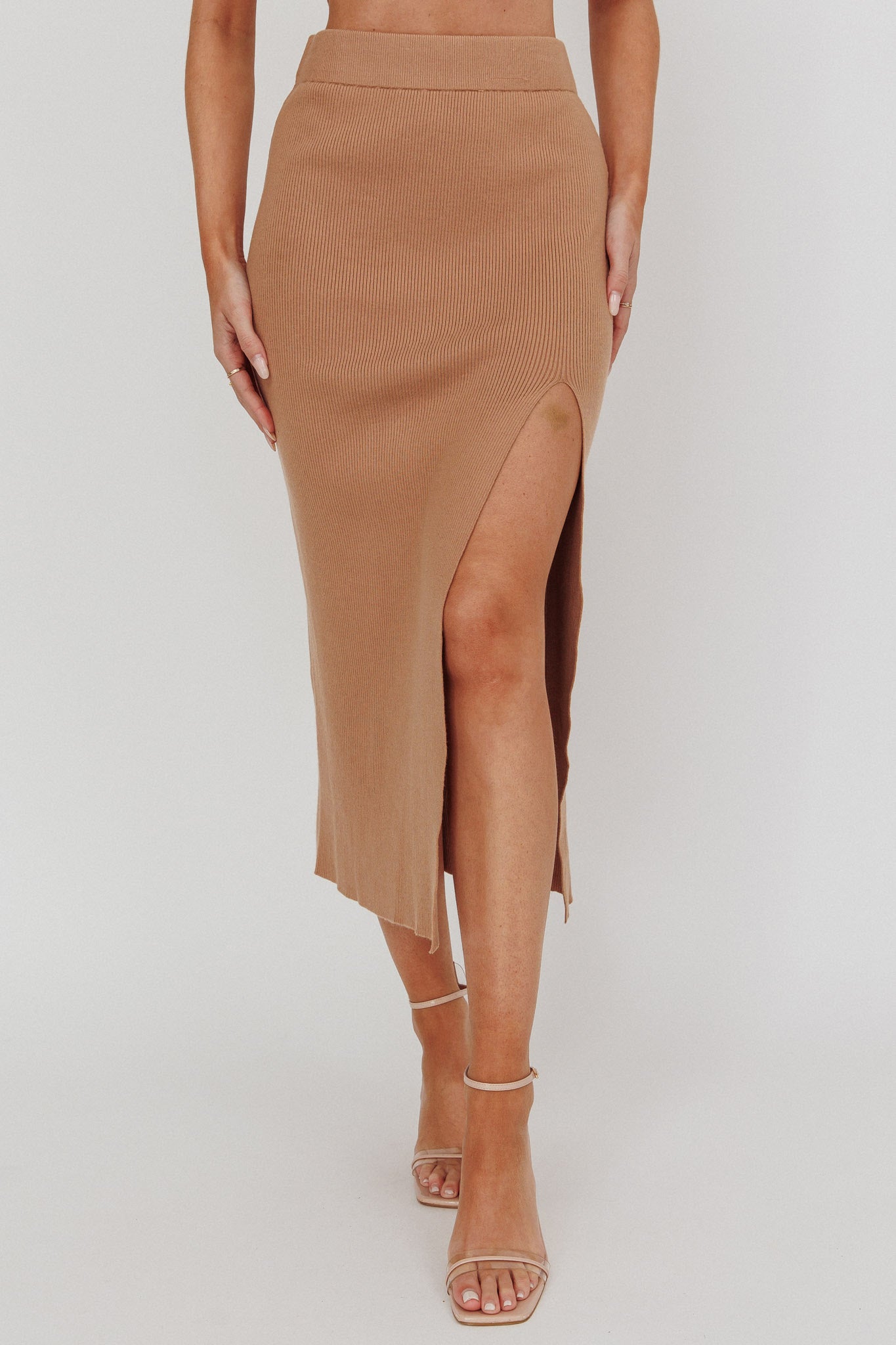 Loverboy Ribbed Midi Skirt Camel by Selfie Leslie