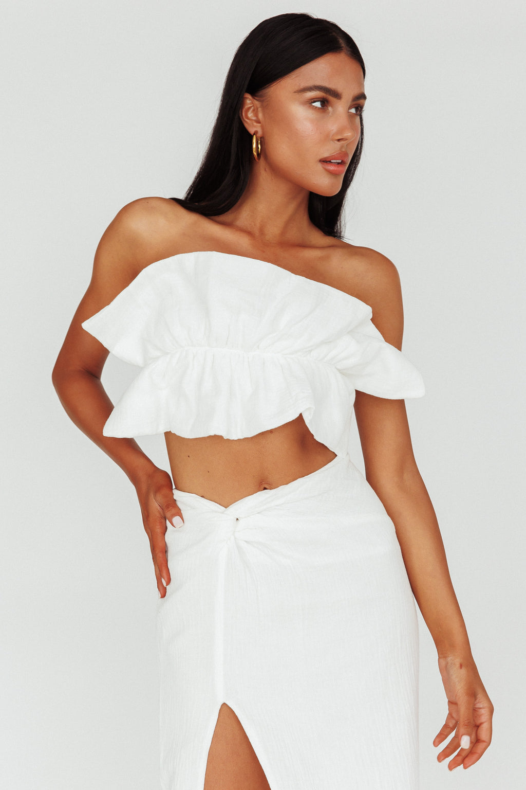 So Fine Ruffle Crop Top Off White by Selfie Leslie