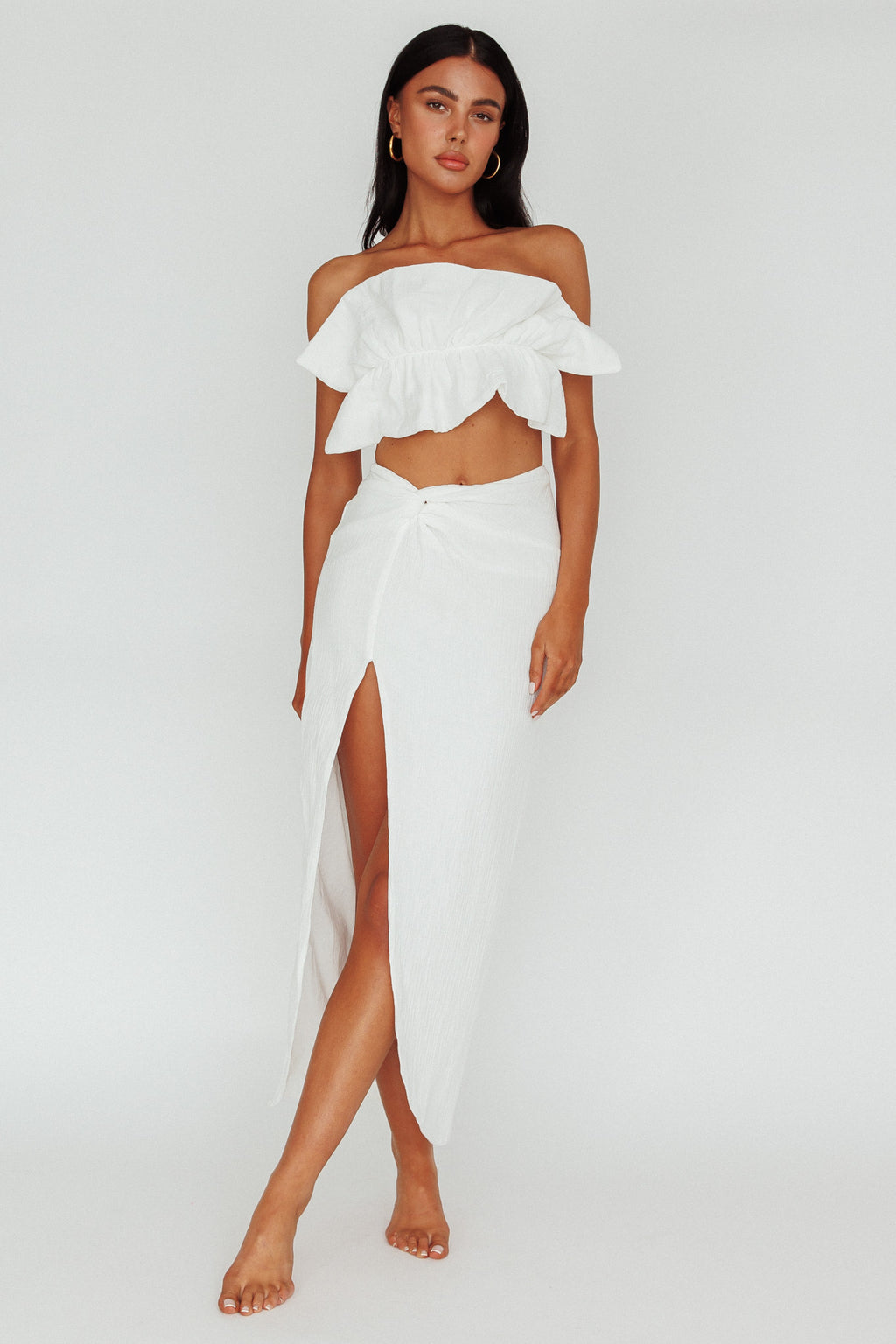 So Fine Ruffle Crop Top Off White by Selfie Leslie