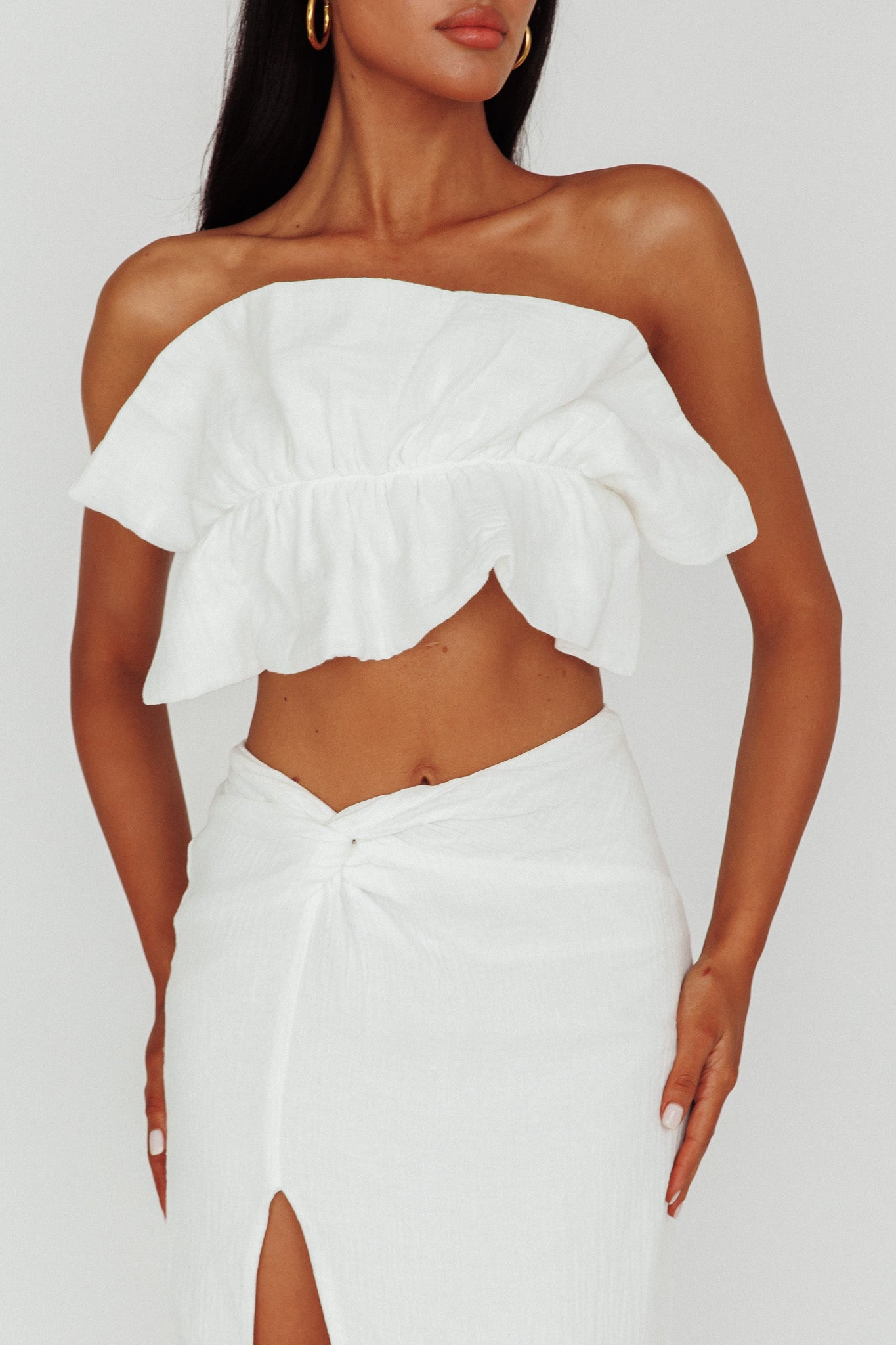 So Fine Ruffle Crop Top Off White by Selfie Leslie