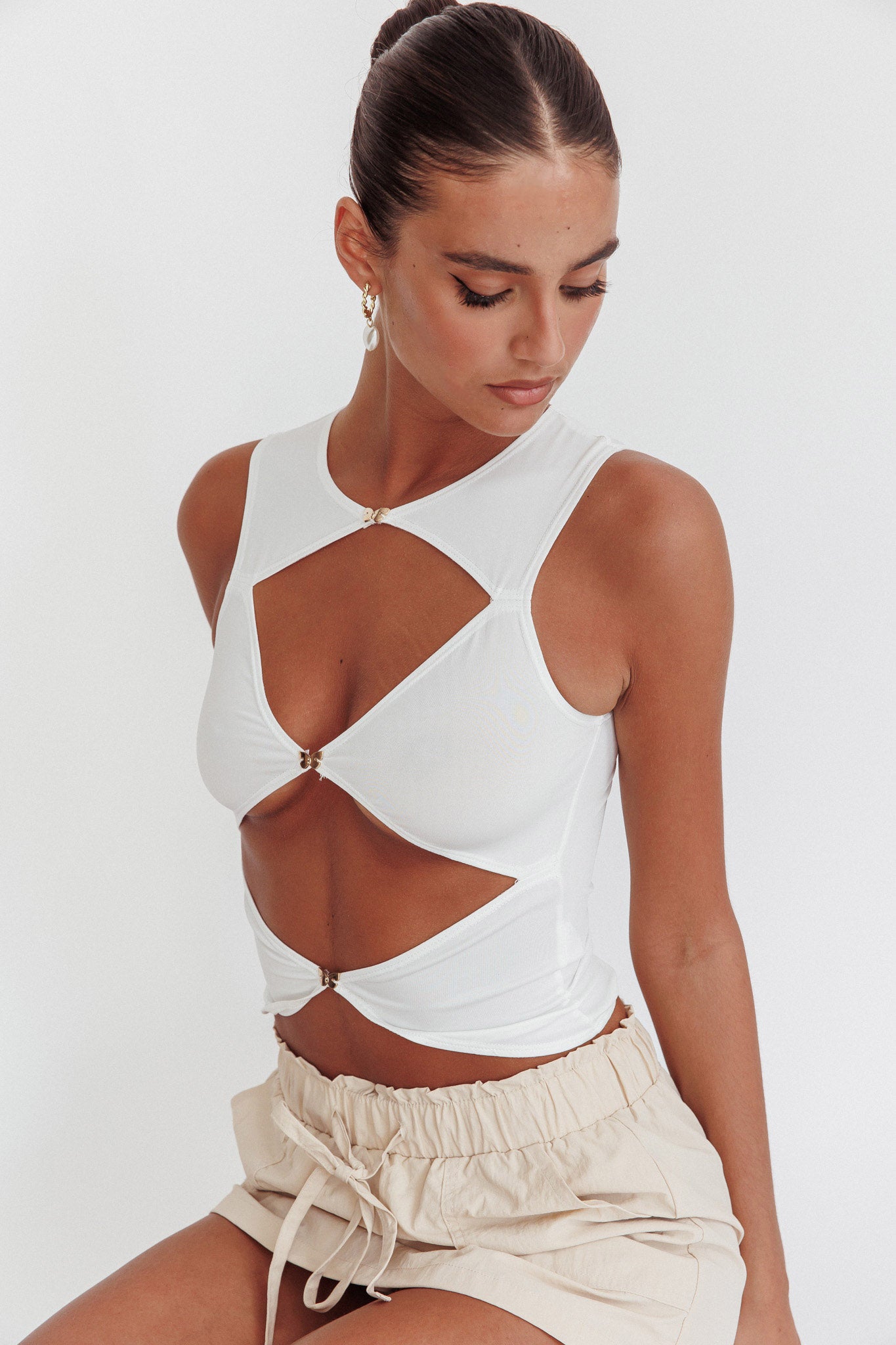 Argyle Cut-Out Sleeveless Top White by Selfie Leslie