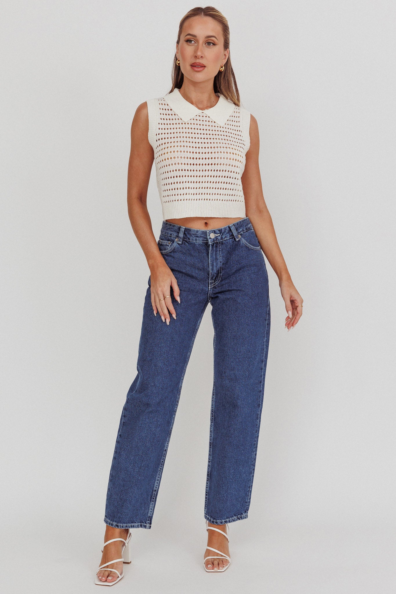 Daithi Collared Sleeveless Knit Top Ivory by Selfie Leslie