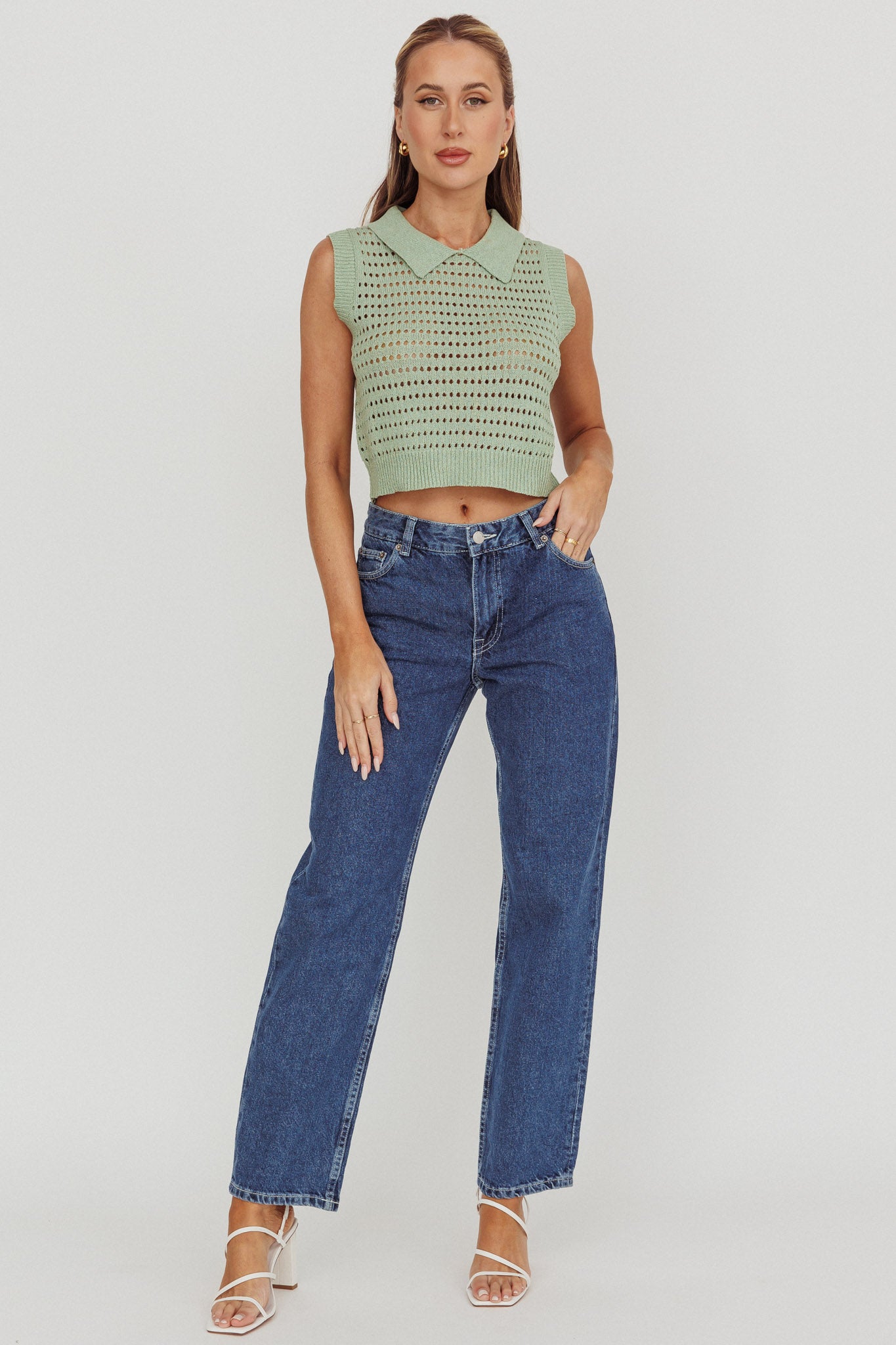 Daithi Collared Sleeveless Knit Top Mint by Selfie Leslie