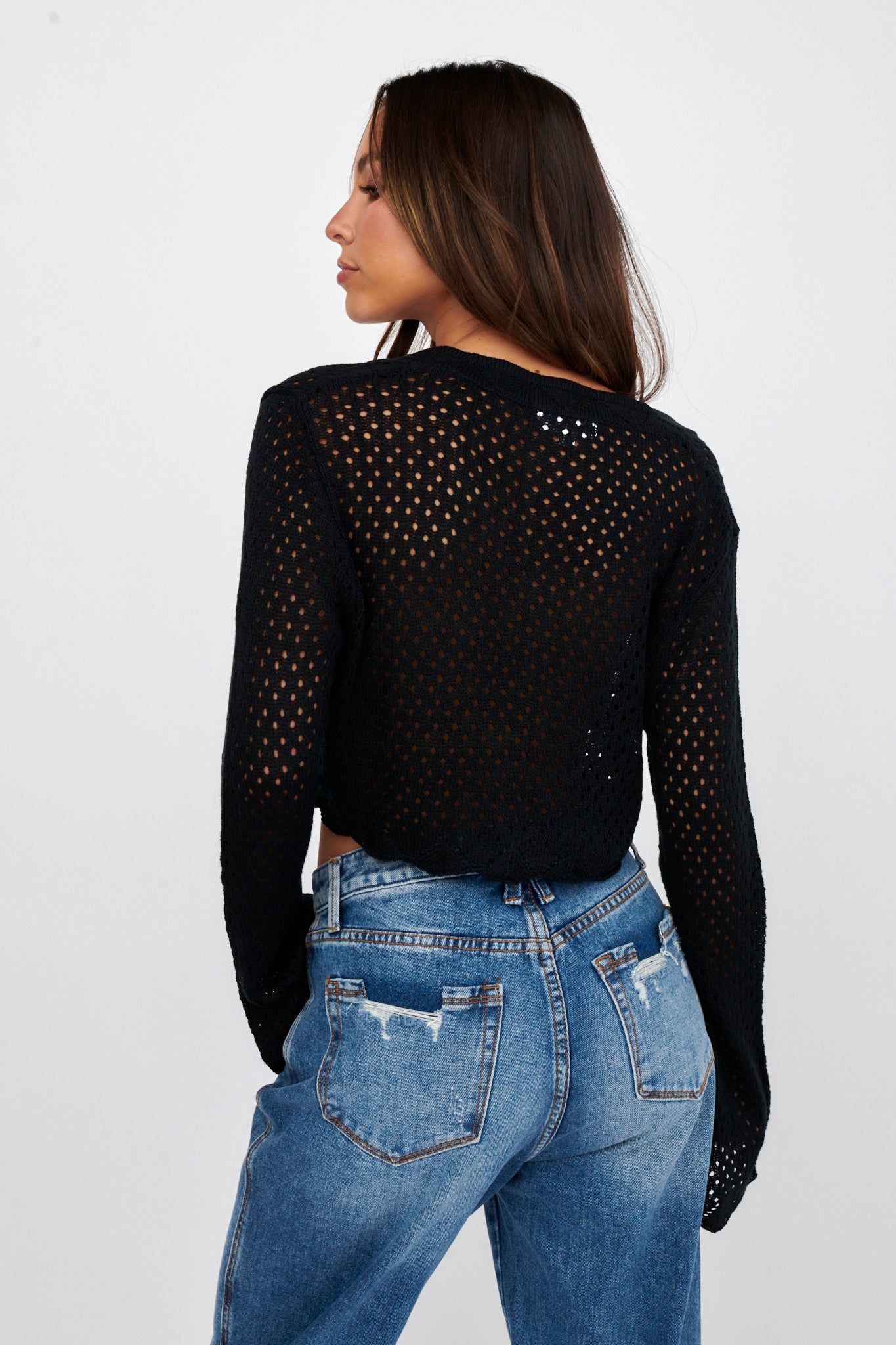 Moon Phase Long Sleeve Crochet Top Black by Selfie Leslie