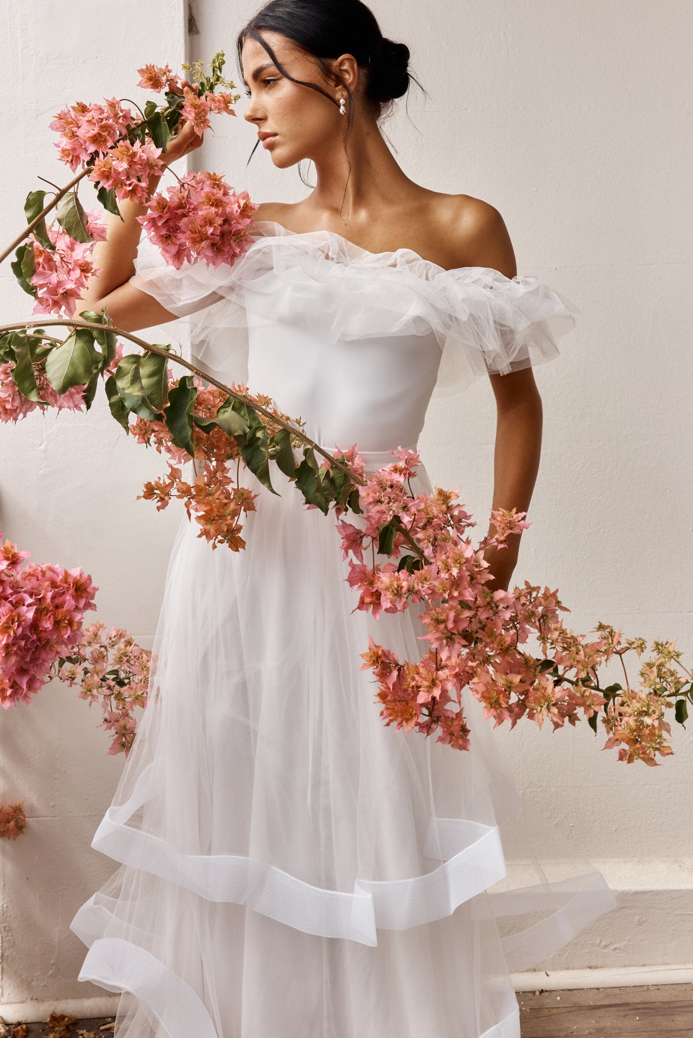 Gianni Ruffle Off-Shoulder Bodysuit White by Selfie Leslie