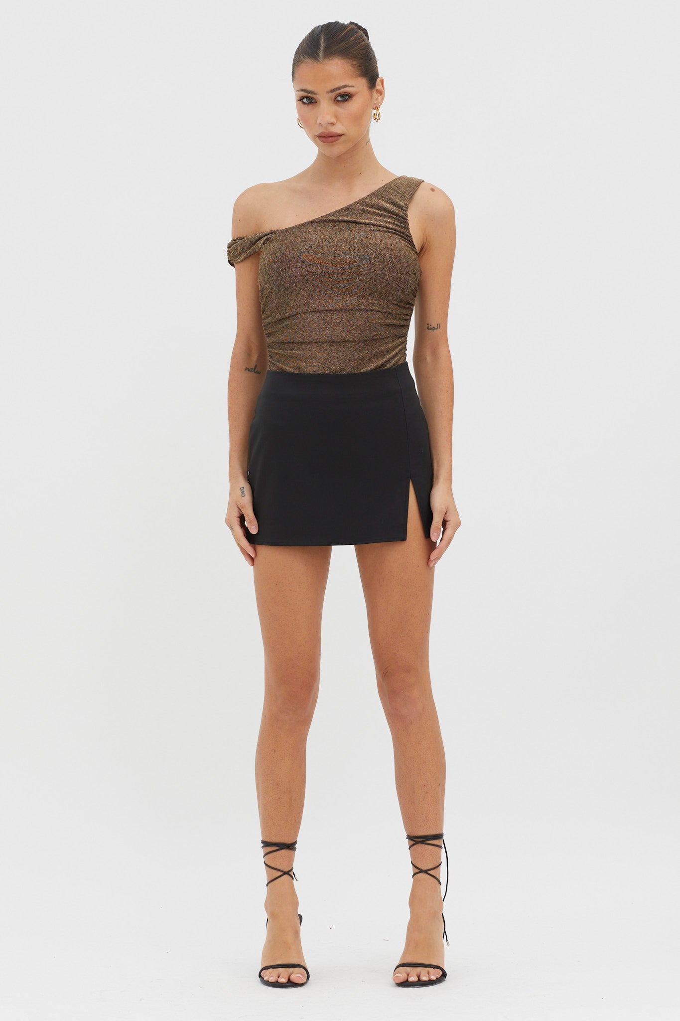 Deirdre Asymmetrical Strap Bodysuit Black/Gold by Selfie Leslie