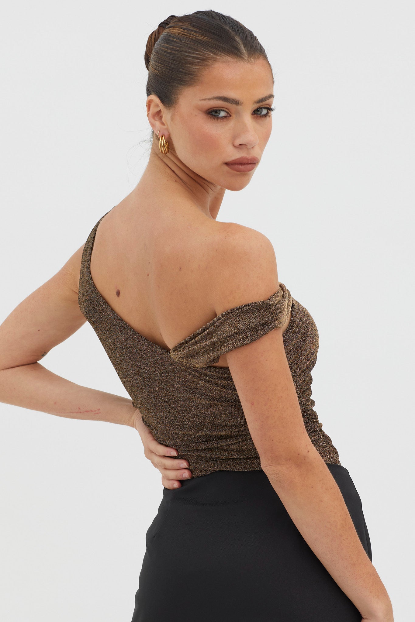 Deirdre Asymmetrical Strap Bodysuit Black/Gold by Selfie Leslie