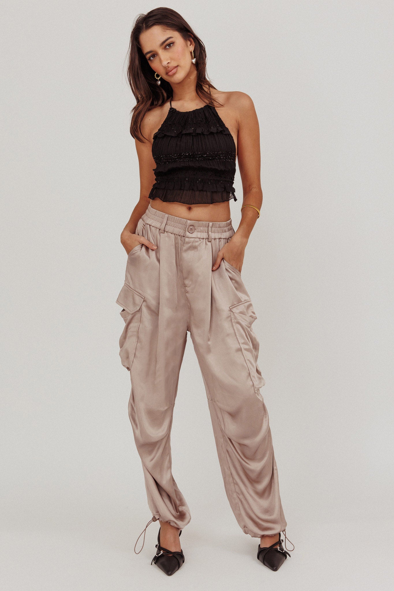 Betty Satin Cargo Pant Mink by Selfie Leslie
