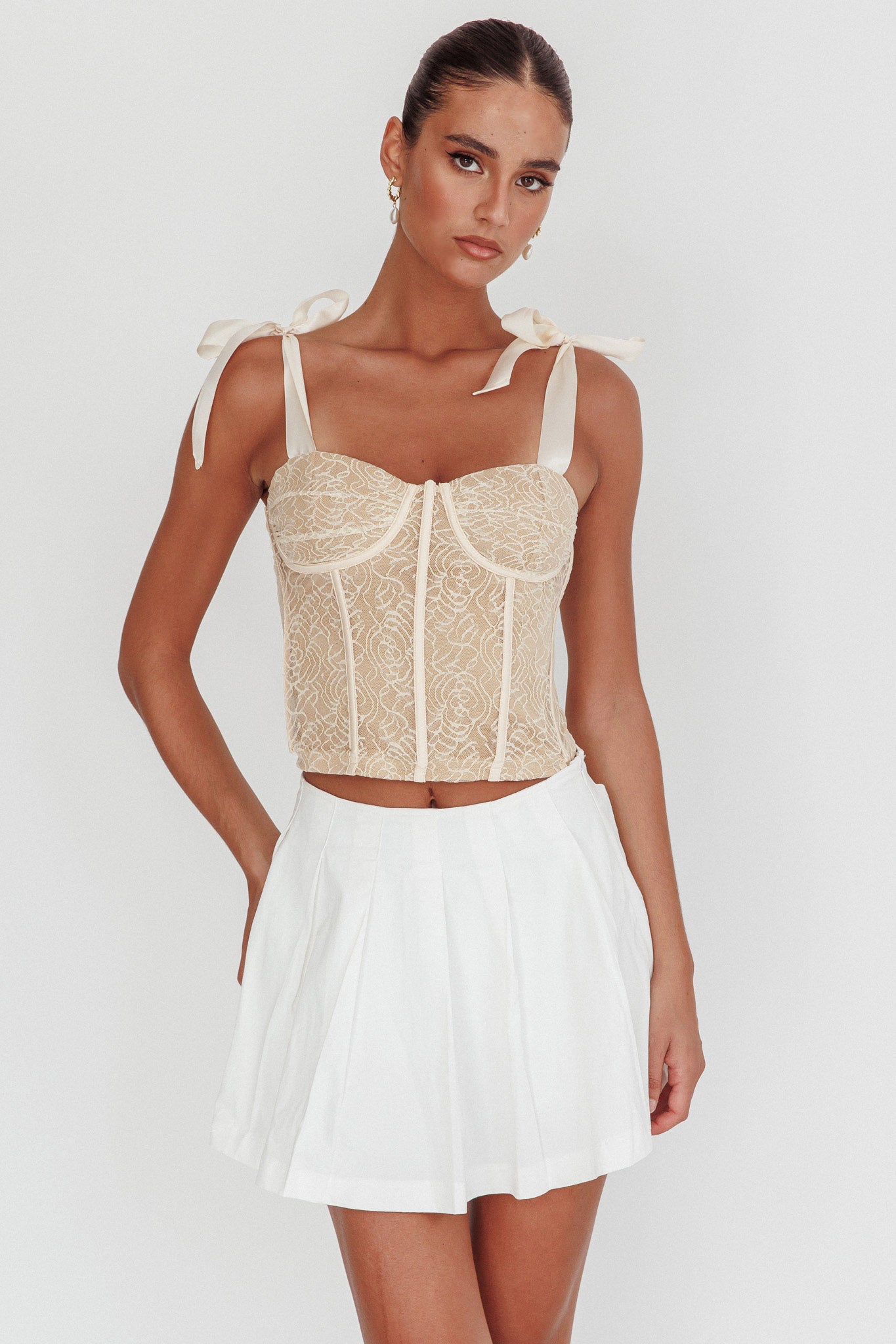 Odila Tied Shoulder Corset Top Champagne by Selfie Leslie