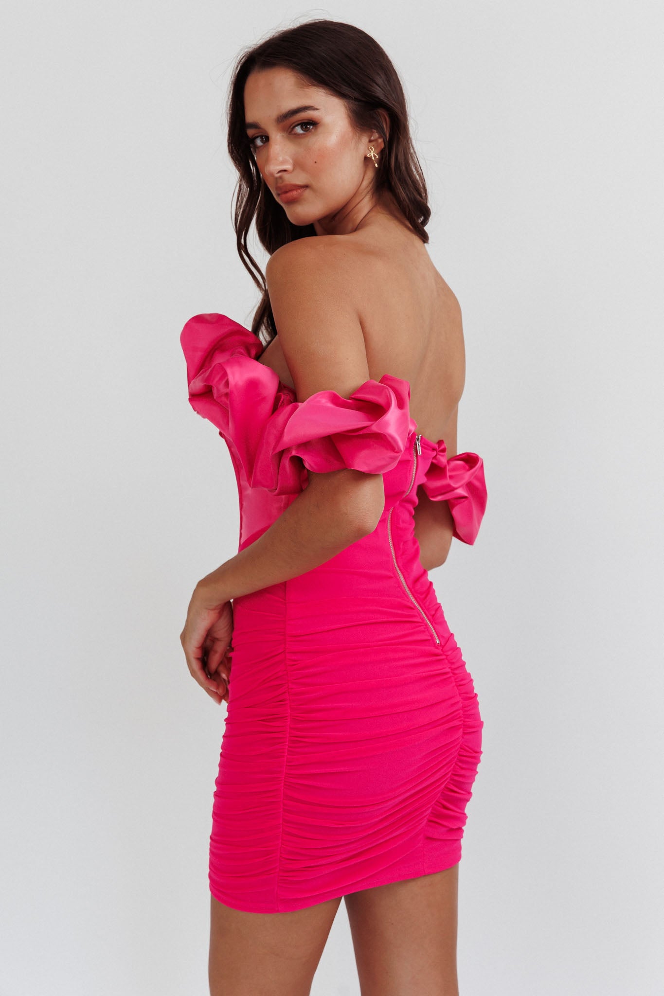 ruched backless mini dress in pink Tight Ruched Backless Short Party Dress main image 0