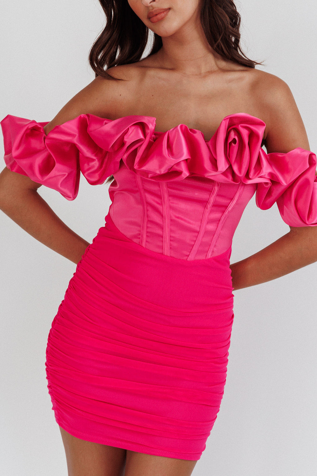 Arista Off-Shoulder Ruched Mini Dress Hot Pink by Selfie Leslie