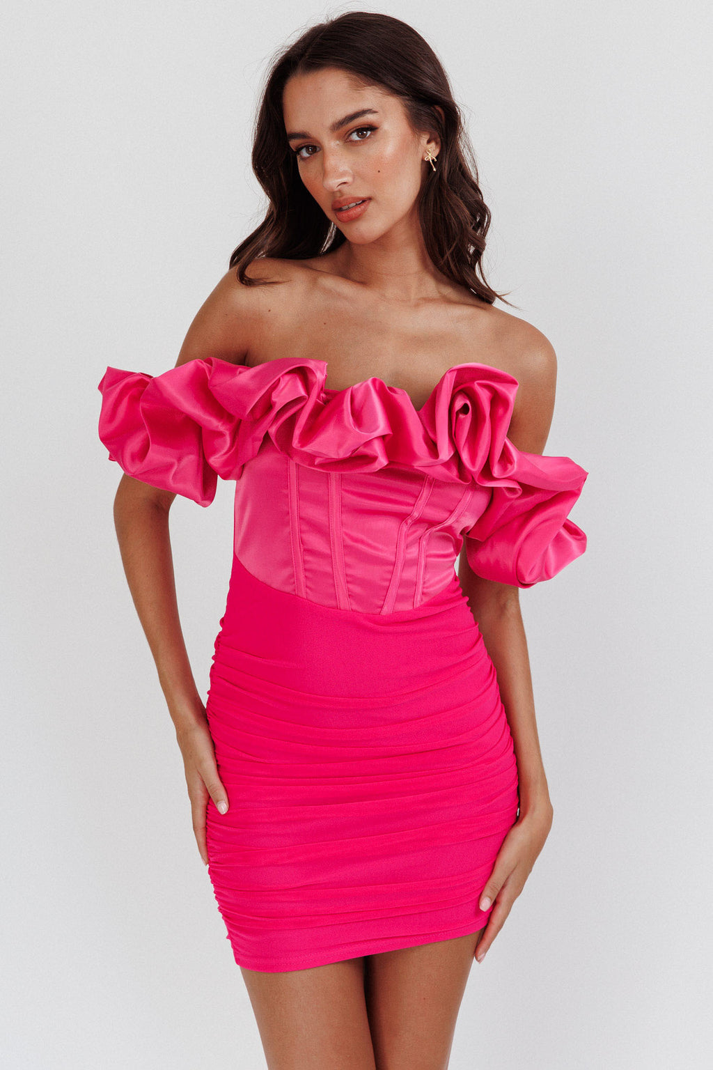 Arista Off-Shoulder Ruched Mini Dress Hot Pink by Selfie Leslie