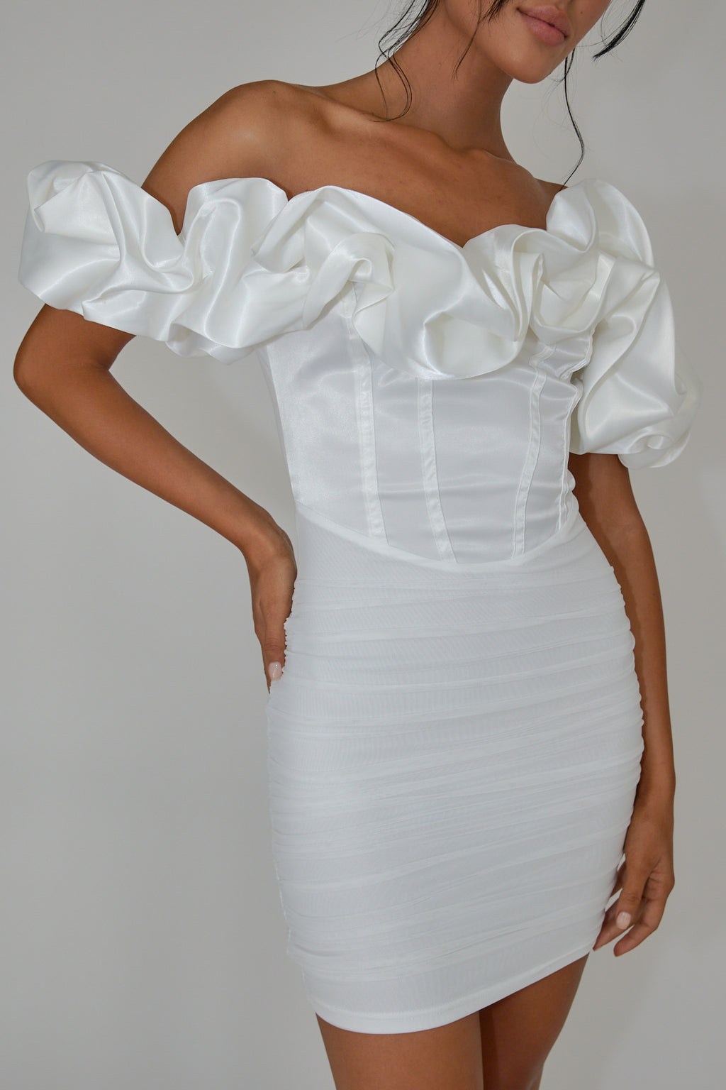 Arista Off-Shoulder Ruched Mini Dress Off White by Selfie Leslie