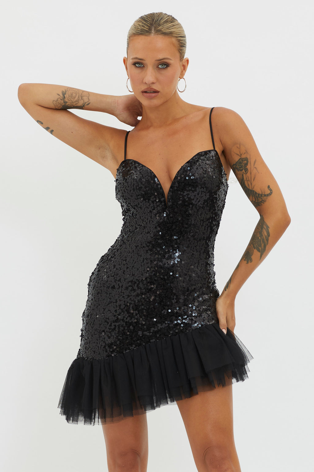 Sassafras Tulle Hem Sequin Mini Dress Black by Selfie Leslie