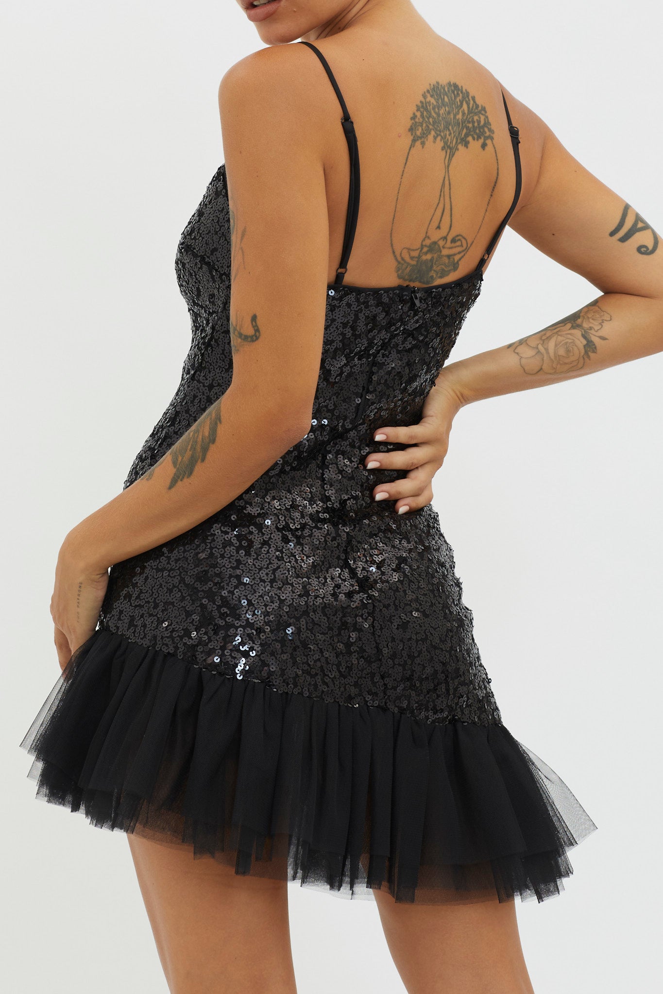 Sassafras Tulle Hem Sequin Mini Dress Black by Selfie Leslie