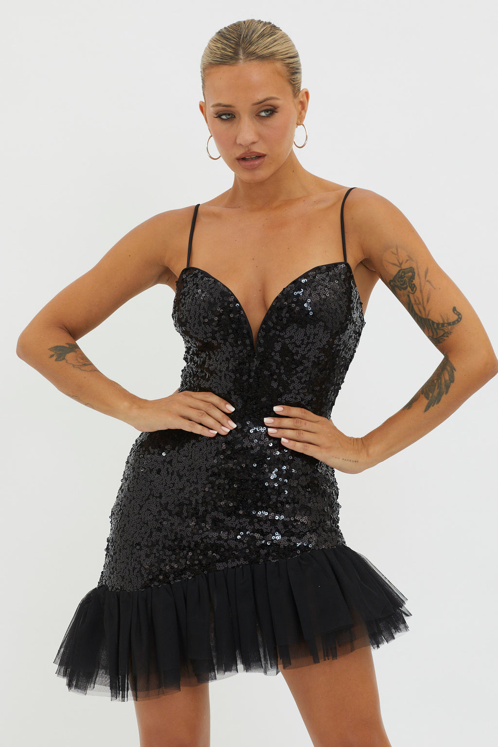Sassafras Tulle Hem Sequin Mini Dress Black by Selfie Leslie