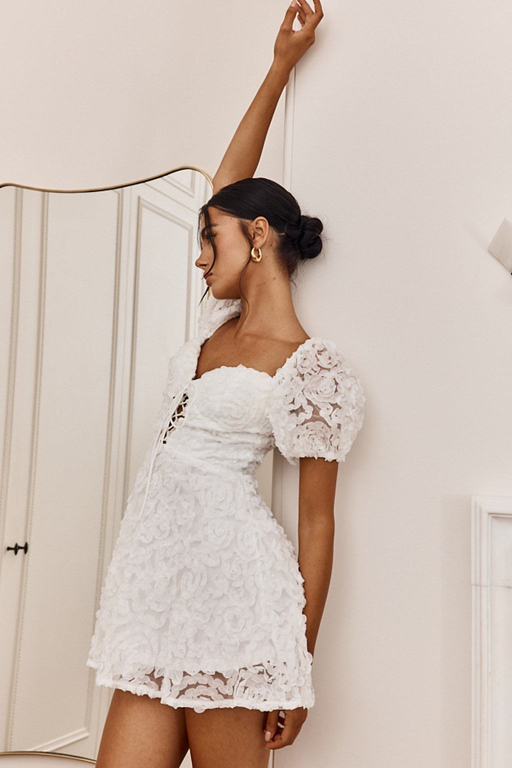 Imogen Laced Bodice Embellished Mini Dress Off White by Selfie Leslie