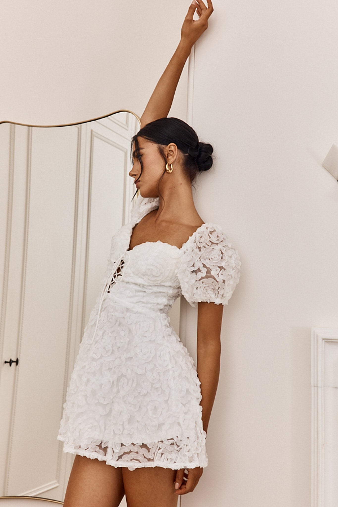 Imogen Laced Bodice Embellished Mini Dress Off White by Selfie Leslie