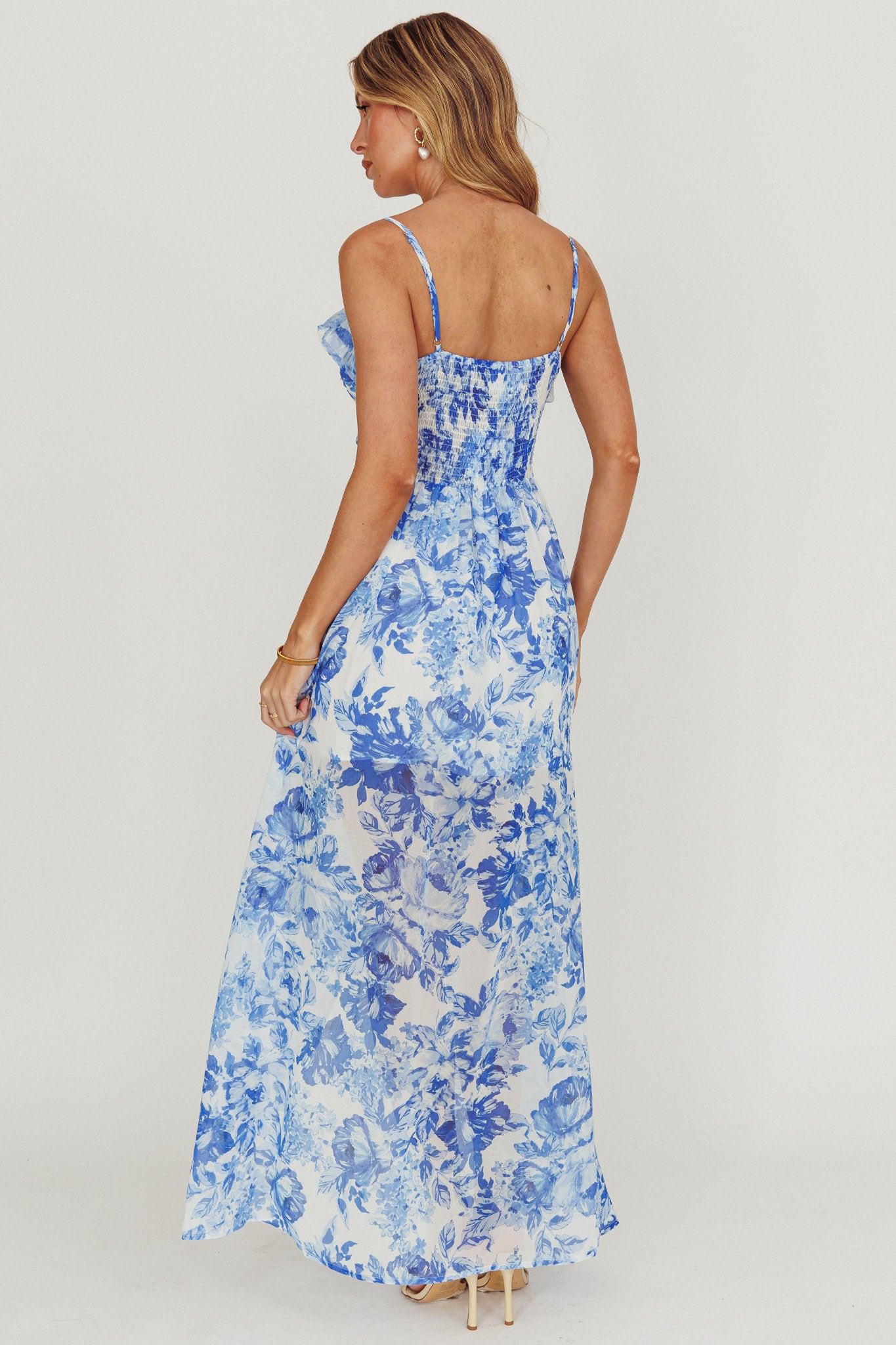 Reanne Chiffon Floral High-Low Hem Dress Blue by Selfie Leslie