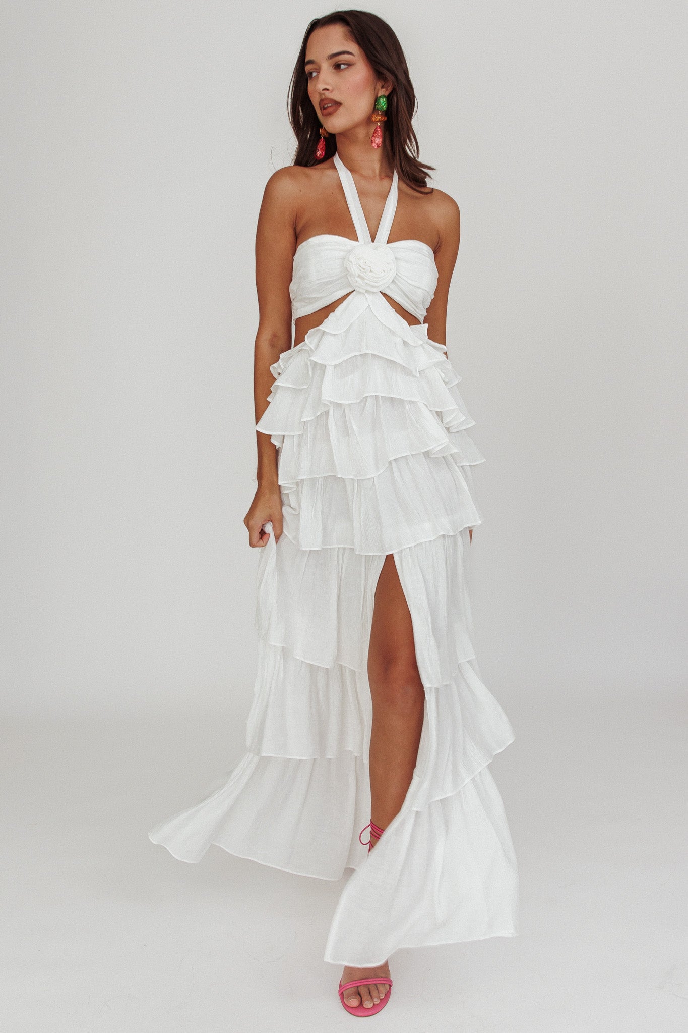 Morpheus Ruffle Halterneck Maxi Dress Off White by Selfie Leslie