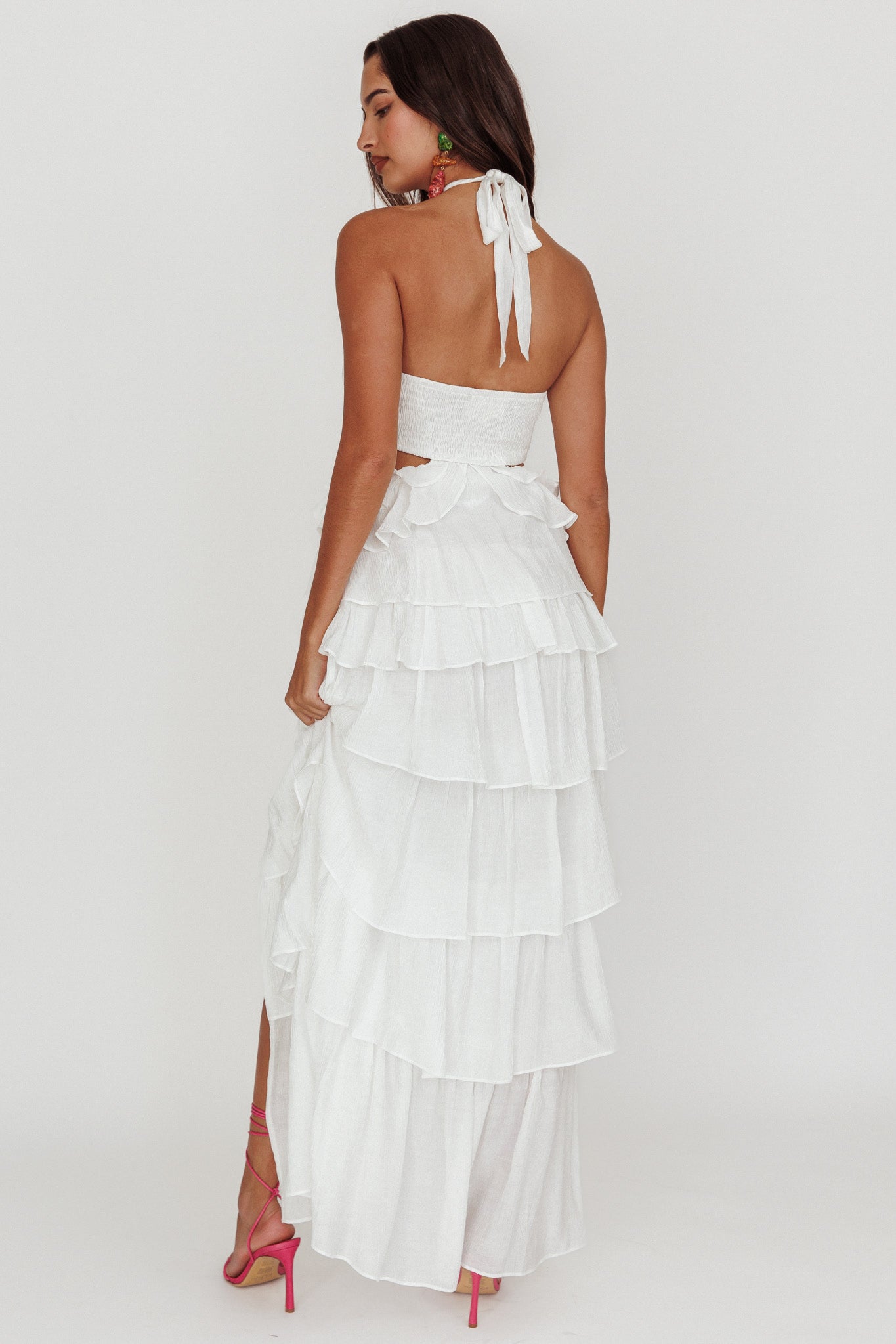 Morpheus Ruffle Halterneck Maxi Dress Off White by Selfie Leslie