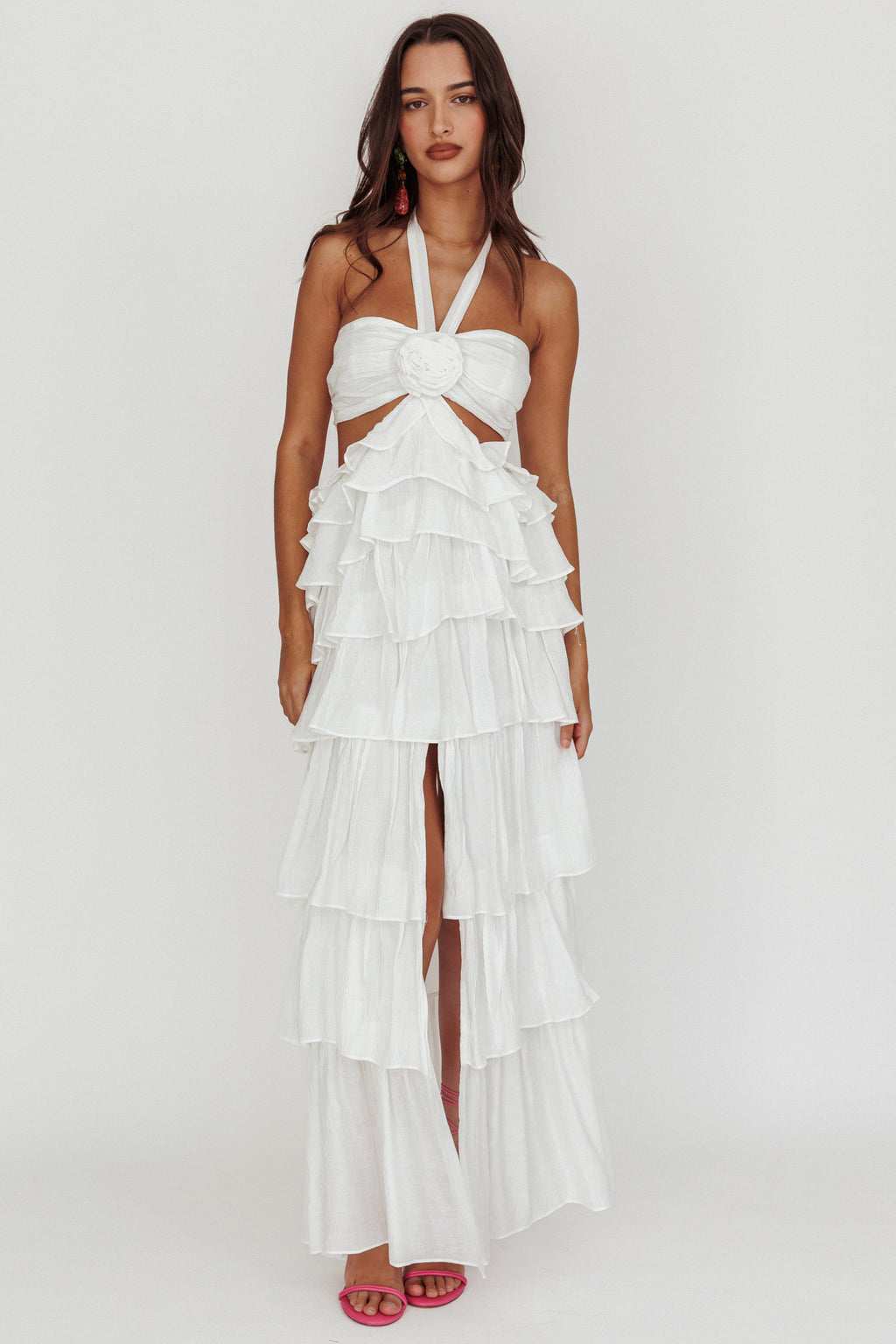 Morpheus Ruffle Halterneck Maxi Dress Off White by Selfie Leslie