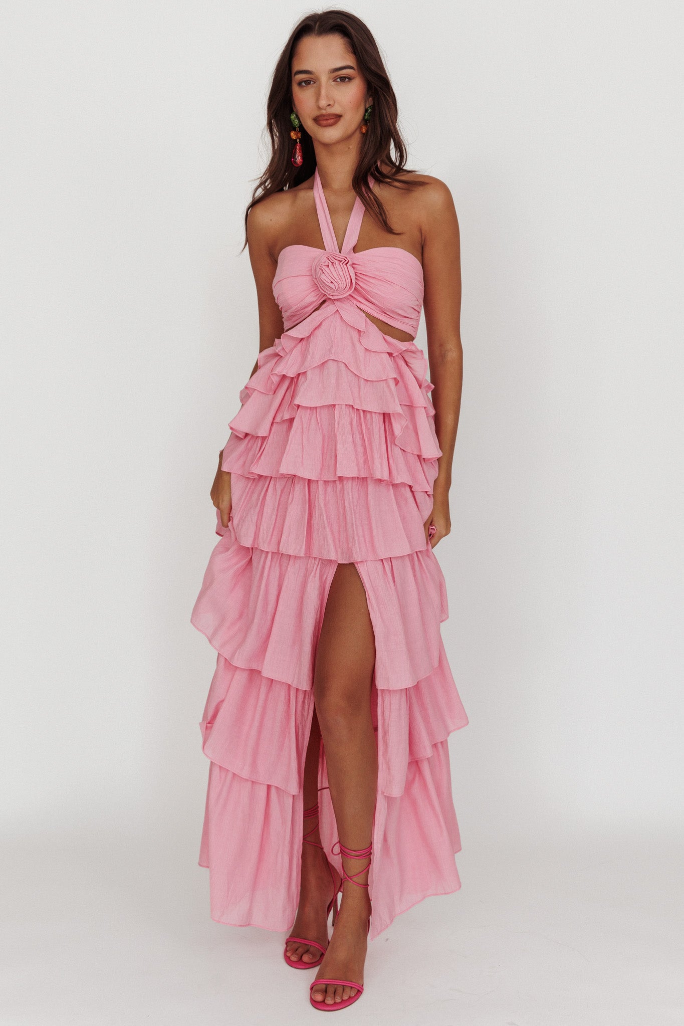 Morpheus Ruffle Halterneck Maxi Dress Pink | Selfie Leslie