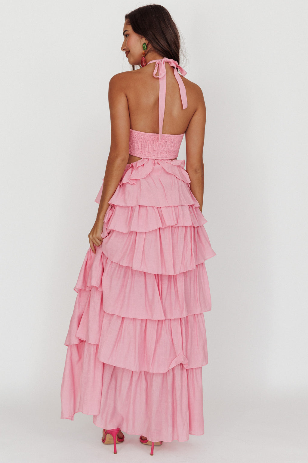 Morpheus Ruffle Halterneck Maxi Dress Pink by Selfie Leslie