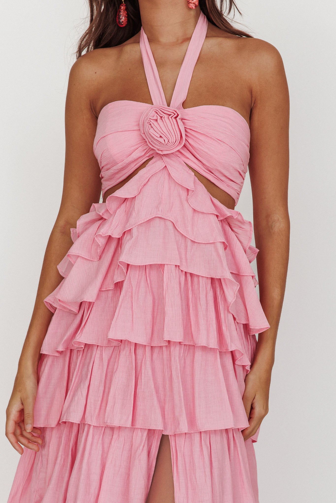 Morpheus Ruffle Halterneck Maxi Dress Pink by Selfie Leslie