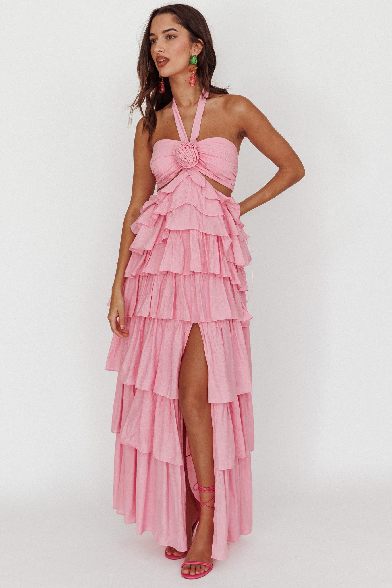 Morpheus Ruffle Halterneck Maxi Dress Pink– Selfie Leslie