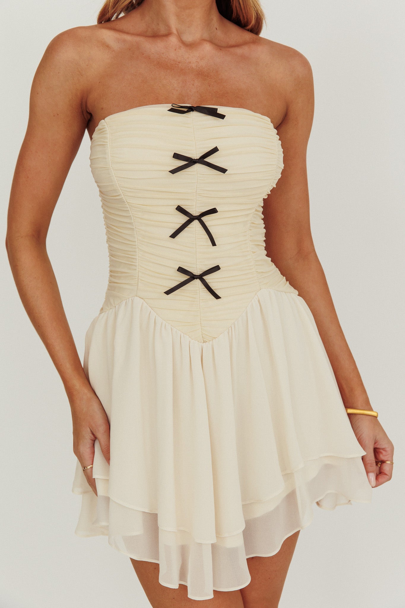 cream chiffon mini dress Cherry Lips Strapless Chiffon Mini Dress Cream