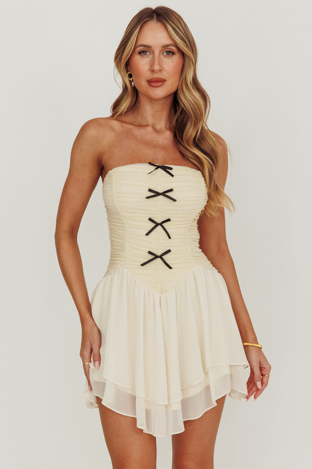 Cherry Lips Strapless Chiffon Mini Dress Cream by Selfie Leslie
