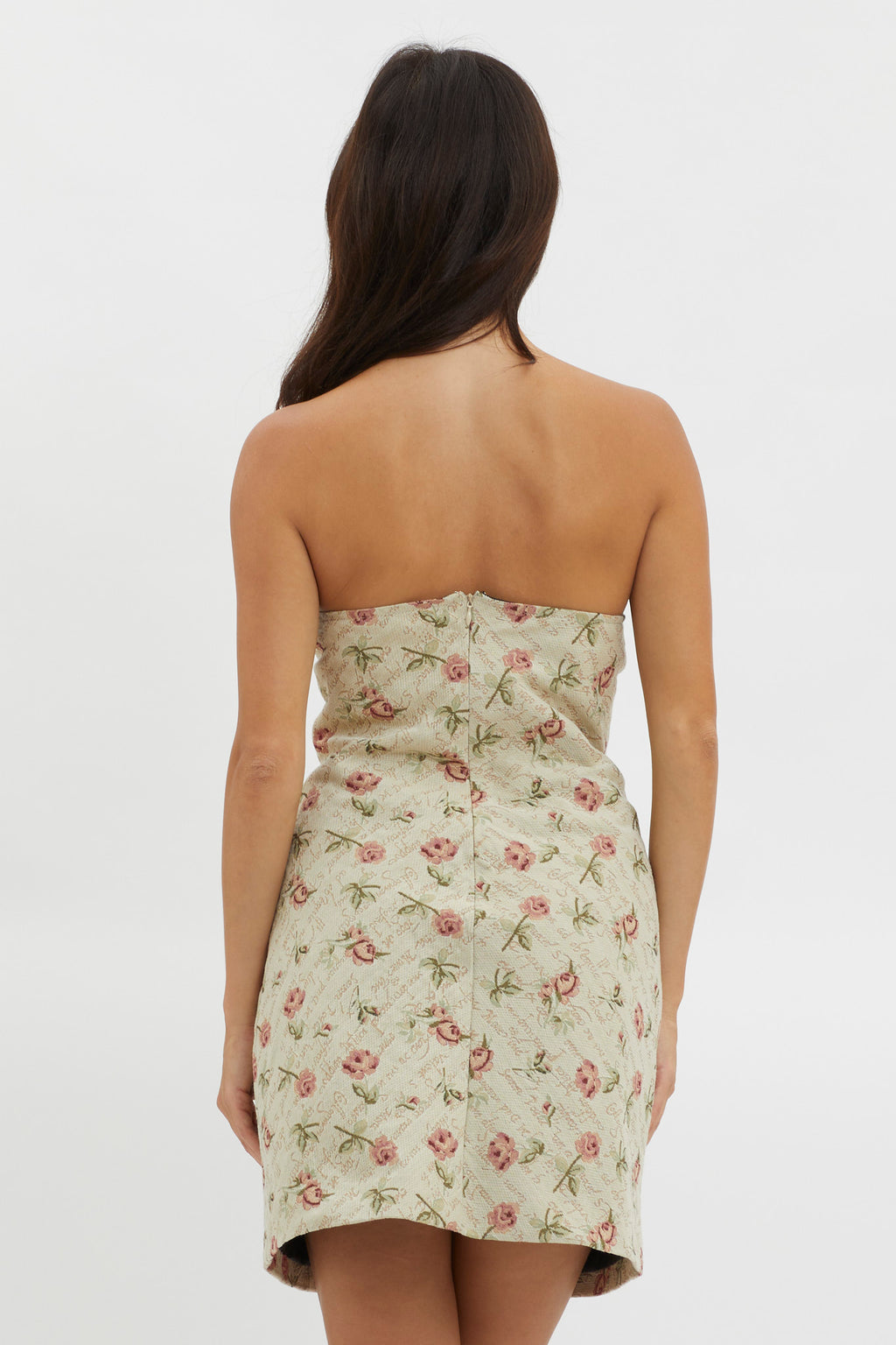 C'est Belle Strapless Lace Trim Mini Dress Beige Floral by Selfie Leslie