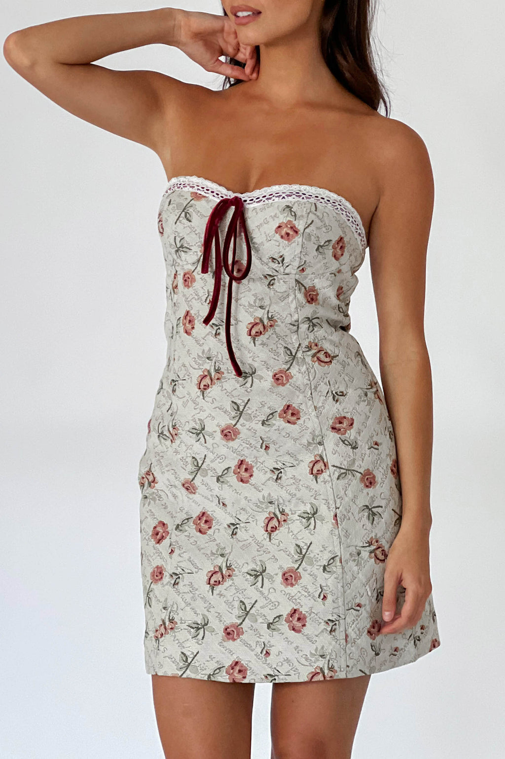C'est Belle Strapless Lace Trim Mini Dress Beige Floral by Selfie Leslie