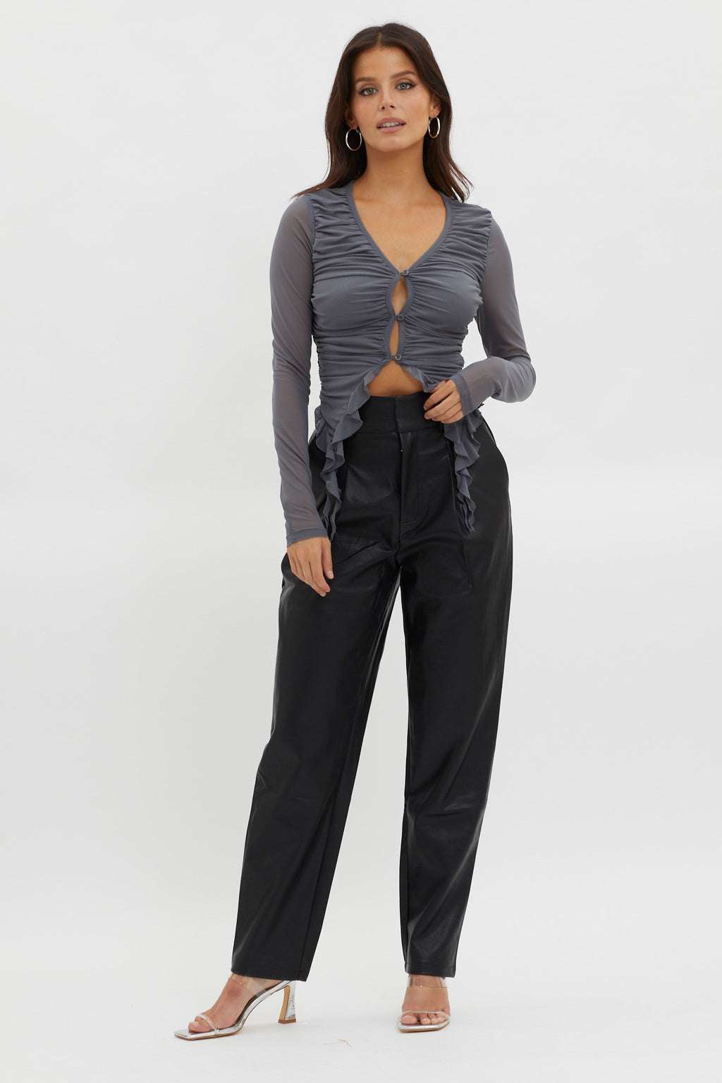 She's Unstoppable Ruffle Trim Mesh Top Pewter Grey by Selfie Leslie