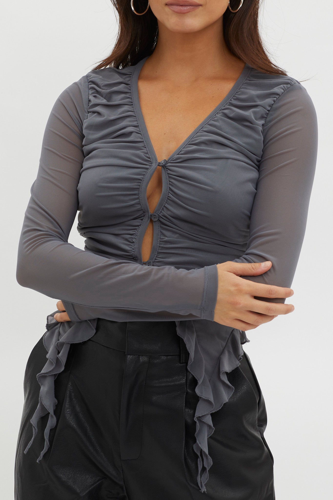 She's Unstoppable Ruffle Trim Mesh Top Pewter Grey by Selfie Leslie