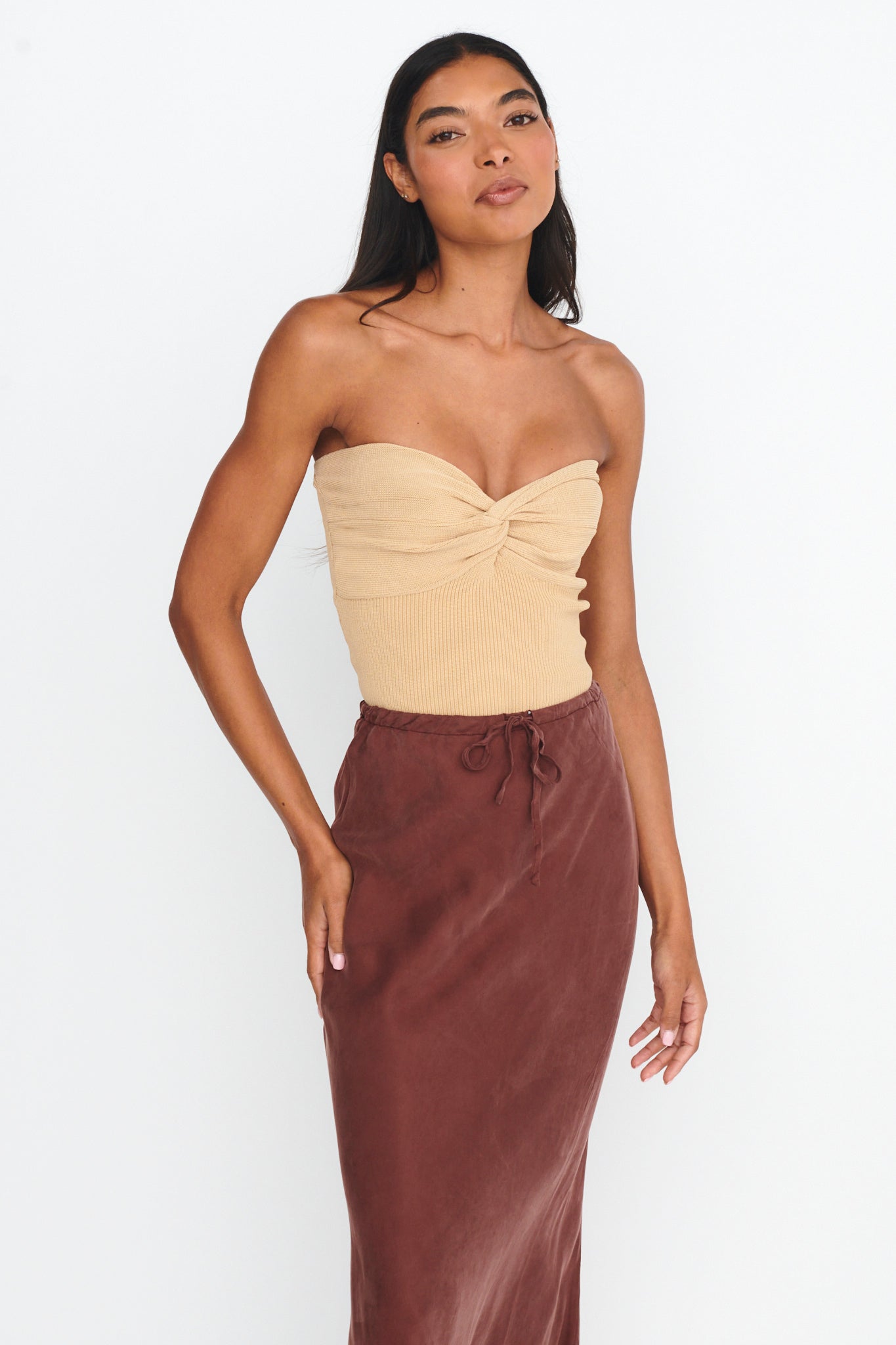 Teagan Strapless Ribbed Knit Top Beige by Selfie Leslie