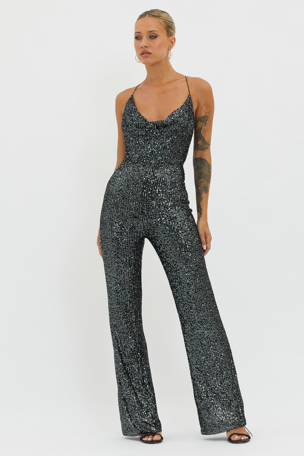 Midnight Kiss Sequin Jumpsuit Gunmetal by Selfie Leslie