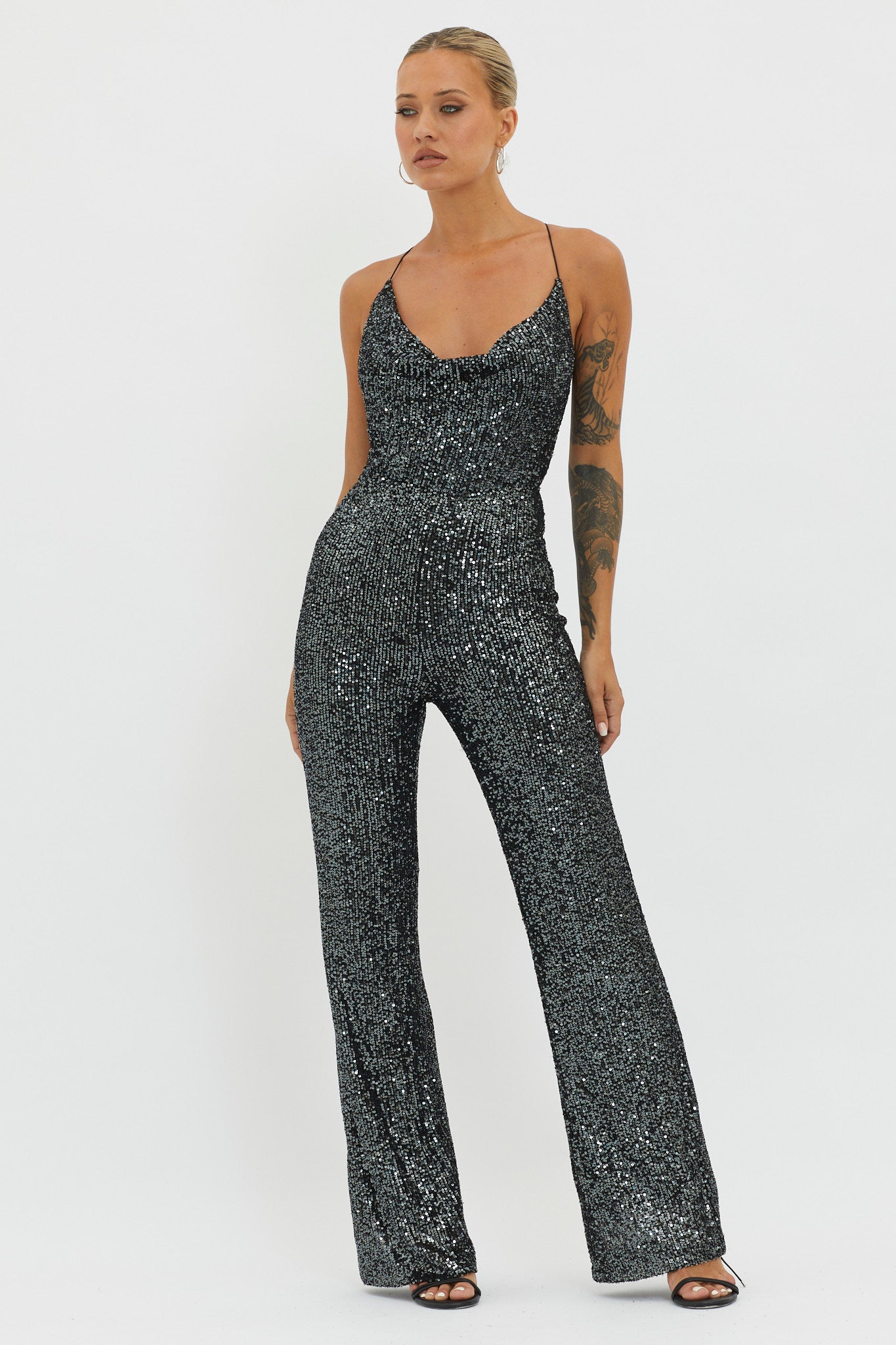 Midnight Kiss Sequin Jumpsuit Gunmetal by Selfie Leslie