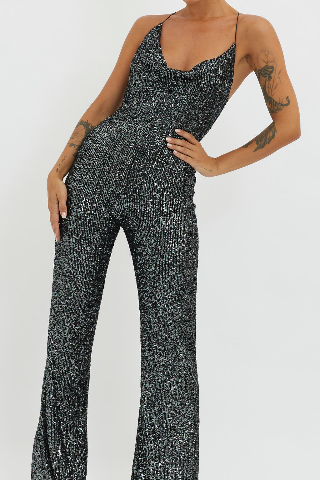 Midnight Kiss Sequin Jumpsuit Gunmetal by Selfie Leslie