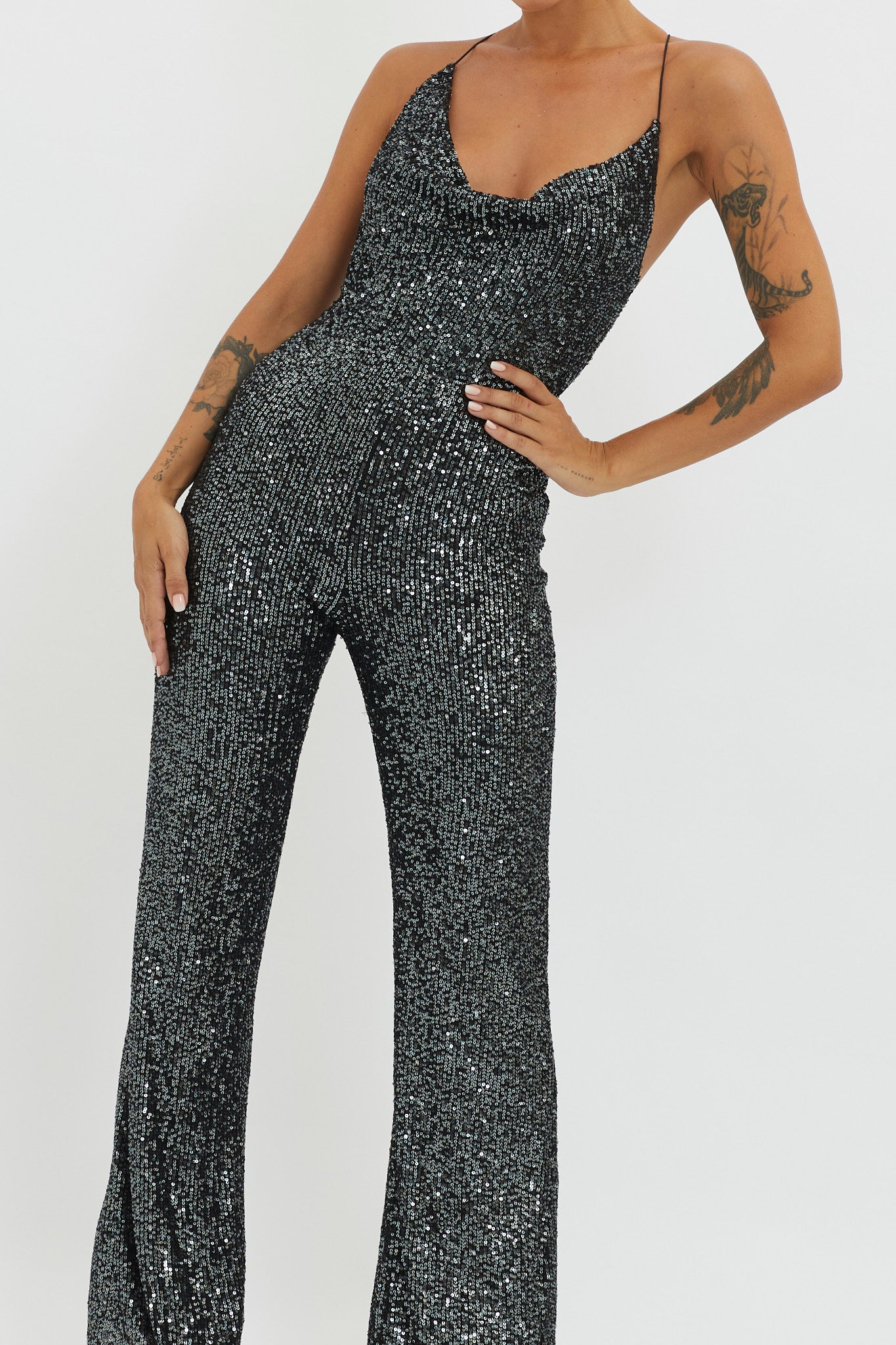 Midnight Kiss Sequin Jumpsuit Gunmetal by Selfie Leslie