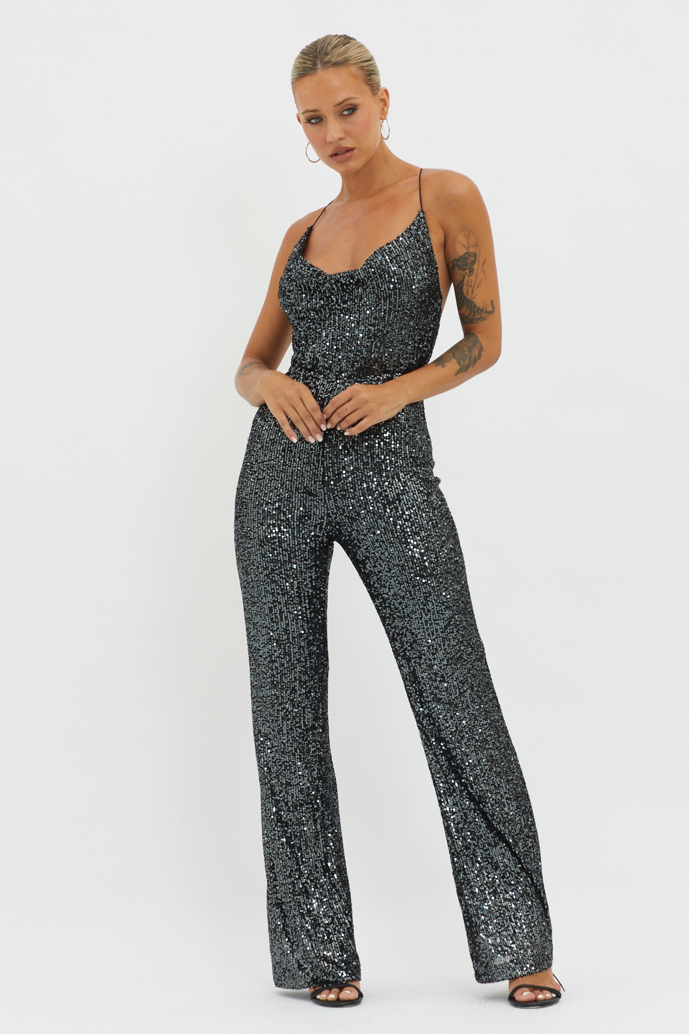 Midnight Kiss Sequin Jumpsuit Gunmetal by Selfie Leslie