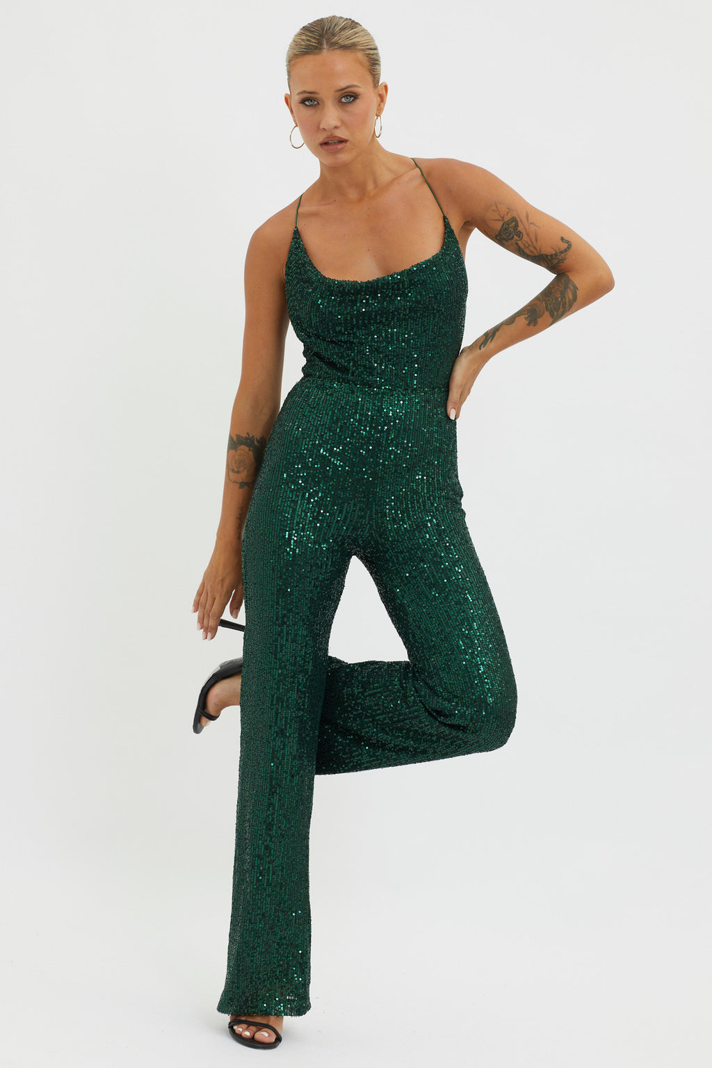 Midnight Kiss Sequin Jumpsuit Hunter by Selfie Leslie