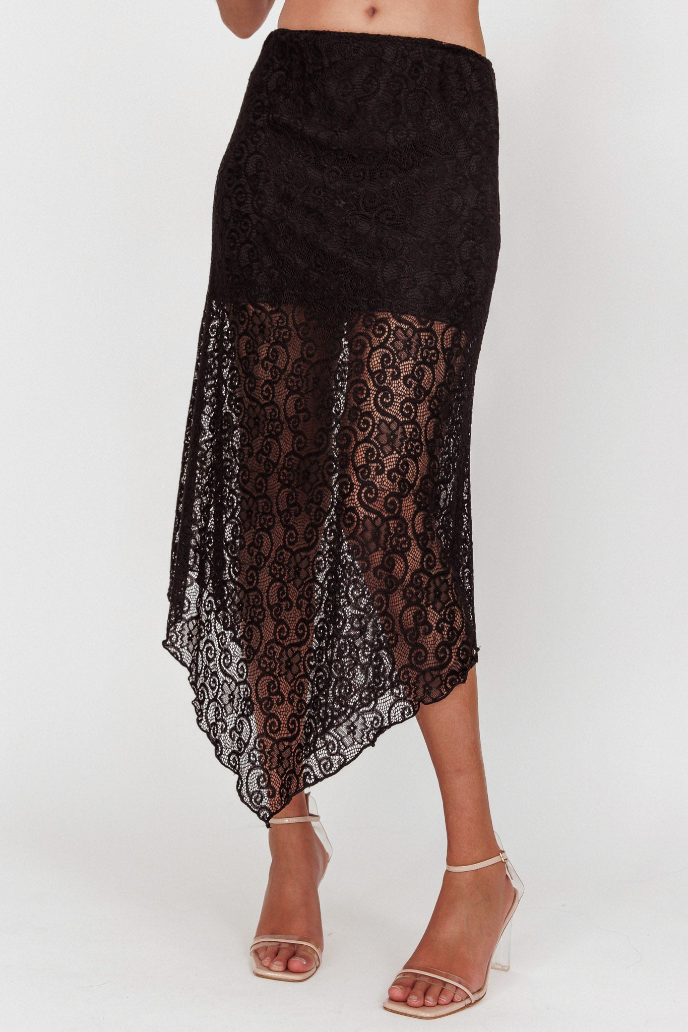 Sweet Words V-Hem Lace Midi Skirt Black by Selfie Leslie
