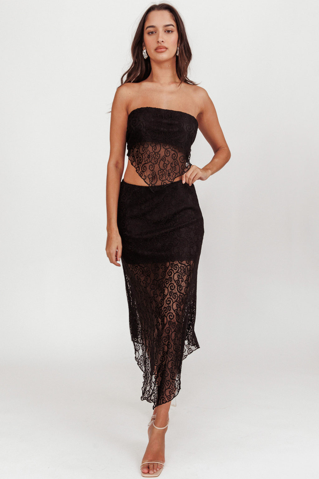 Sweet Words V-Hem Lace Midi Skirt Black by Selfie Leslie