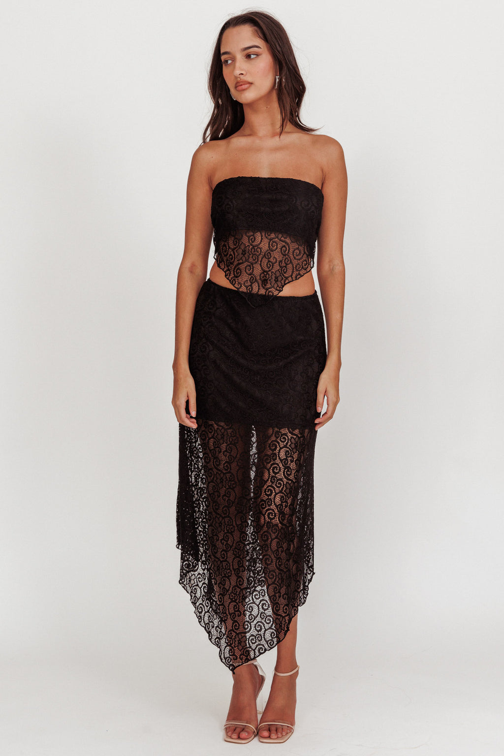 Sweet Words V-Hem Lace Scarf Top Black by Selfie Leslie