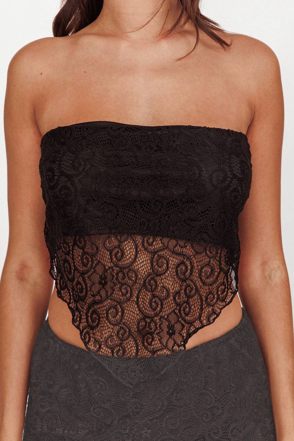 Sweet Words V-Hem Lace Scarf Top Black by Selfie Leslie