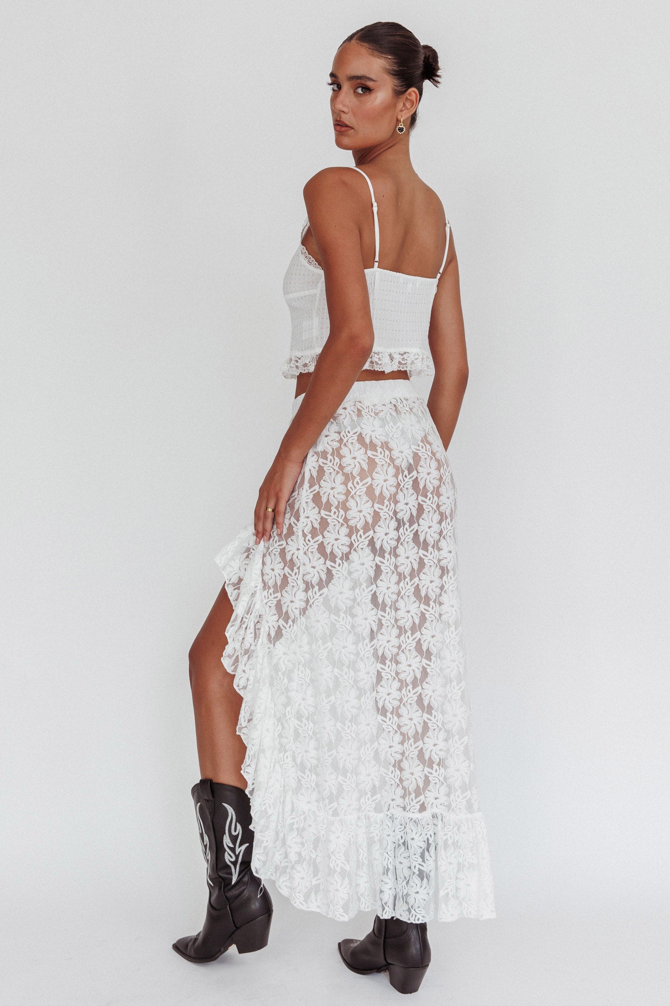 Besties Asymmetric Hem Maxi Skirt Ivory by Selfie Leslie