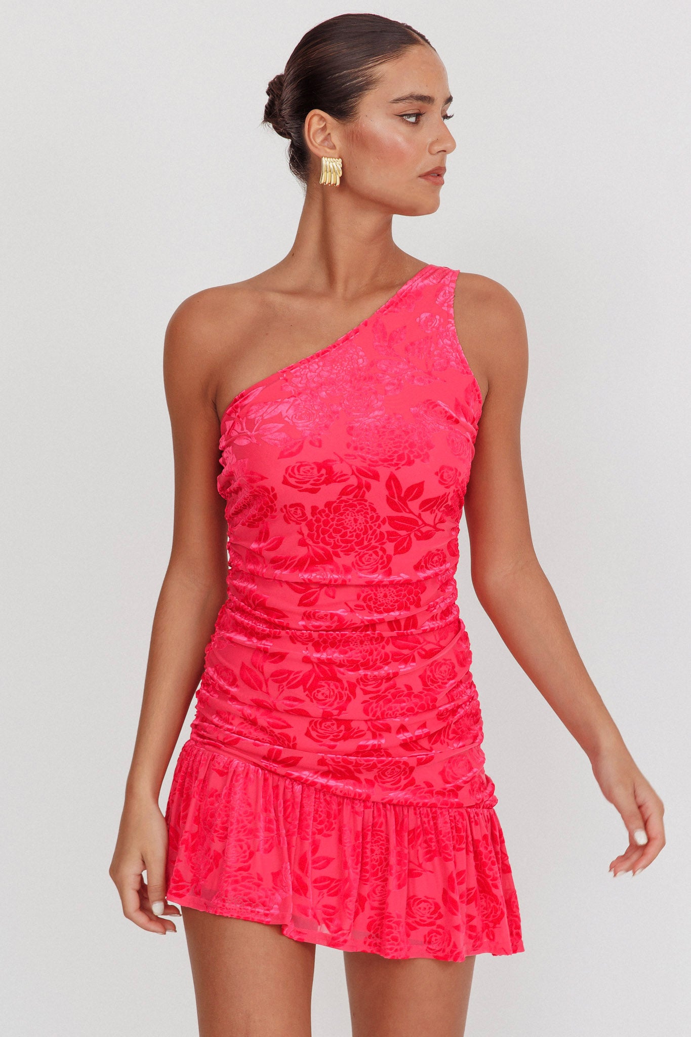 Mystery Of Love One Shoulder Mini Dress Fuchsia by Selfie Leslie